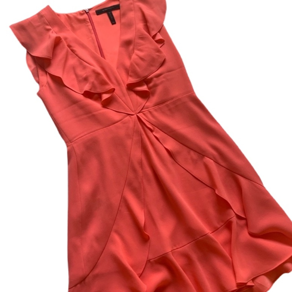 bcbgmaxazria pink ruffle shoulder mini dress